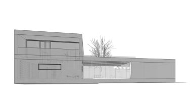 Modern geometrik mimari tasarım, 3D tasarım, gayrimenkul planı, mimari sanat, taslak çizimi.