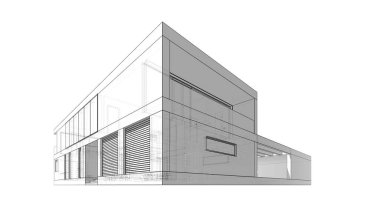 Modern geometrik mimari tasarım, 3D tasarım, gayrimenkul planı, mimari sanat, taslak çizimi.