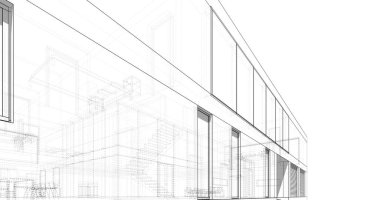 Modern geometrik mimari tasarım, 3D tasarım, gayrimenkul planı, mimari sanat, taslak çizimi.