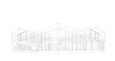 Modern geometrik mimari tasarım, 3D tasarım, gayrimenkul planı, mimari sanat, taslak çizimi.