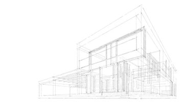 Modern geometrik mimari tasarım, 3D tasarım, gayrimenkul planı, mimari sanat, taslak çizimi.