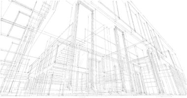 Modern geometrik mimari tasarım, 3D tasarım, gayrimenkul planı, mimari sanat, taslak çizimi.