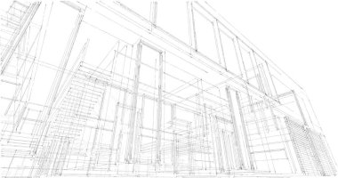 Modern geometrik mimari tasarım, 3D tasarım, gayrimenkul planı, mimari sanat, taslak çizimi.