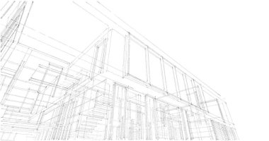 Modern geometrik mimari tasarım, 3D tasarım, gayrimenkul planı, mimari sanat, taslak çizimi.