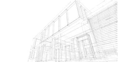 Modern geometrik mimari tasarım, 3D tasarım, gayrimenkul planı, mimari sanat, taslak çizimi.
