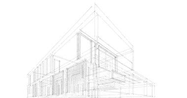 Modern geometrik mimari tasarım, 3D tasarım, gayrimenkul planı, mimari sanat, taslak çizimi.