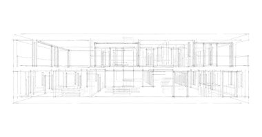 Modern geometrik mimari tasarım, 3D tasarım, gayrimenkul planı, mimari sanat, taslak çizimi.