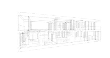 Modern geometrik mimari tasarım, 3D tasarım, gayrimenkul planı, mimari sanat, taslak çizimi.