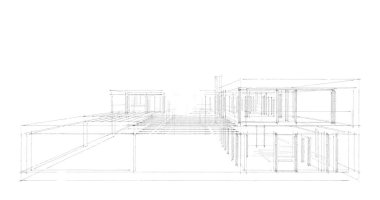 Modern geometrik mimari tasarım, 3D tasarım, gayrimenkul planı, mimari sanat, taslak çizimi.