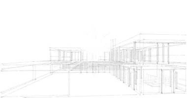 Modern geometrik mimari tasarım, 3D tasarım, gayrimenkul planı, mimari sanat, taslak çizimi.