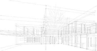 Modern geometrik mimari tasarım, 3D tasarım, gayrimenkul planı, mimari sanat, taslak çizimi.