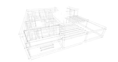 Modern geometrik mimari tasarım, 3D tasarım, gayrimenkul planı, mimari sanat, taslak çizimi.