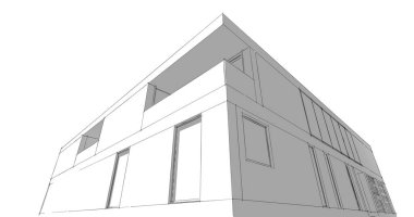 Modern geometrik mimari tasarım, 3D tasarım, gayrimenkul planı, mimari sanat, taslak çizimi.