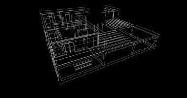 Modern geometrik mimari tasarım, 3D tasarım, gayrimenkul planı, mimari sanat, taslak çizimi.