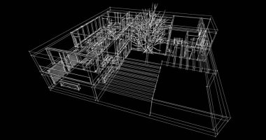 Modern geometrik mimari tasarım, 3D tasarım, gayrimenkul planı, mimari sanat, taslak çizimi.