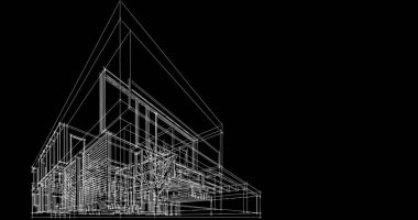 Modern geometrik mimari tasarım, 3D tasarım, gayrimenkul planı, mimari sanat, taslak çizimi.