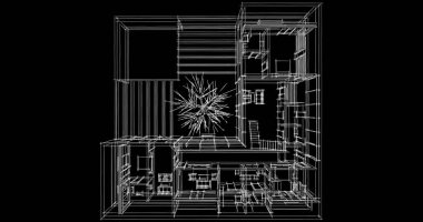 Modern geometrik mimari tasarım, 3D tasarım, gayrimenkul planı, mimari sanat, taslak çizimi.