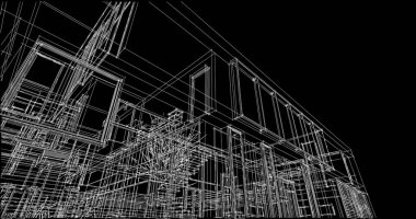 Modern geometrik mimari tasarım, 3D tasarım, gayrimenkul planı, mimari sanat, taslak çizimi.