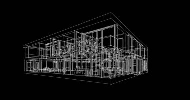 Modern geometrik mimari tasarım, 3D tasarım, gayrimenkul planı, mimari sanat, taslak çizimi.