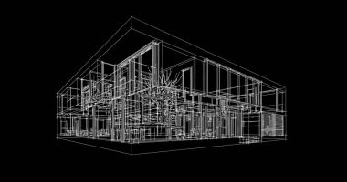Modern geometrik mimari tasarım, 3D tasarım, gayrimenkul planı, mimari sanat, taslak çizimi.