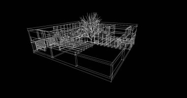 Modern geometrik mimari tasarım, 3D tasarım, gayrimenkul planı, mimari sanat, taslak çizimi.