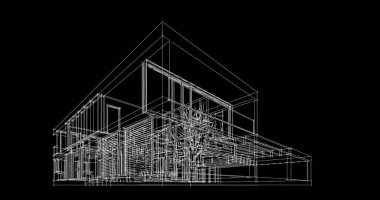 Modern geometrik mimari tasarım, 3D tasarım, gayrimenkul planı, mimari sanat, taslak çizimi.