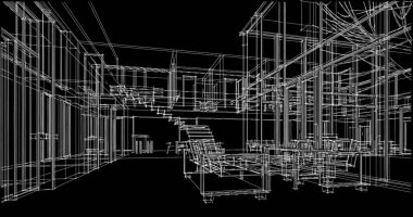 Modern geometrik mimari tasarım, 3D tasarım, gayrimenkul planı, mimari sanat, taslak çizimi.