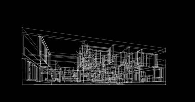 Modern geometrik mimari tasarım, 3D tasarım, gayrimenkul planı, mimari sanat, taslak çizimi.