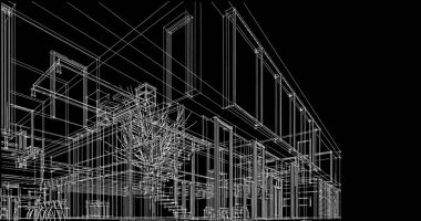 Modern geometrik mimari tasarım, 3D tasarım, gayrimenkul planı, mimari sanat, taslak çizimi.
