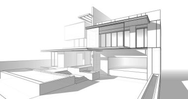 Modern geometrik mimari tasarım, 3D tasarım, gayrimenkul planı, mimari sanat, taslak çizimi.