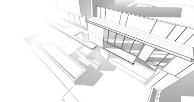 Modern geometrik mimari tasarım, 3D tasarım, gayrimenkul planı, mimari sanat, taslak çizimi.