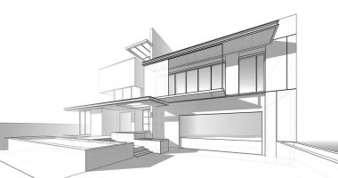 Modern geometrik mimari tasarım, 3D tasarım, gayrimenkul planı, mimari sanat, taslak çizimi.