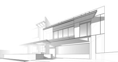 Modern geometrik mimari tasarım, 3D tasarım, gayrimenkul planı, mimari sanat, taslak çizimi.