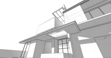 Modern geometrik mimari tasarım, 3D tasarım, gayrimenkul planı, mimari sanat, taslak çizimi.