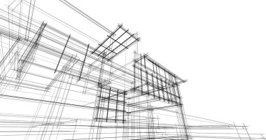 Modern geometrik mimari tasarım, 3D tasarım, gayrimenkul planı, mimari sanat, taslak çizimi.