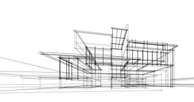 Modern geometrik mimari tasarım, 3D tasarım, gayrimenkul planı, mimari sanat, taslak çizimi.