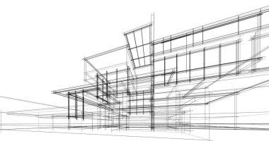 Modern geometrik mimari tasarım, 3D tasarım, gayrimenkul planı, mimari sanat, taslak çizimi.
