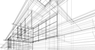 Modern geometrik mimari tasarım, 3D tasarım, gayrimenkul planı, mimari sanat, taslak çizimi.
