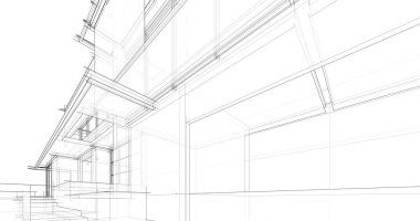 Modern geometrik mimari tasarım, 3D tasarım, gayrimenkul planı, mimari sanat, taslak çizimi.