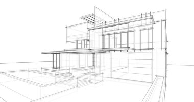 Modern geometrik mimari tasarım, 3D tasarım, gayrimenkul planı, mimari sanat, taslak çizimi.
