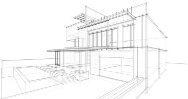 Modern geometrik mimari tasarım, 3D tasarım, gayrimenkul planı, mimari sanat, taslak çizimi.