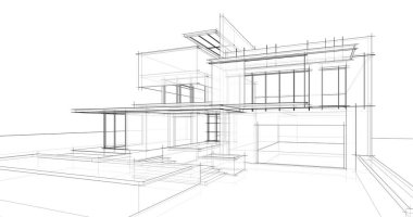 Modern geometrik mimari tasarım, 3D tasarım, gayrimenkul planı, mimari sanat, taslak çizimi.