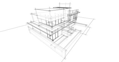 Modern geometrik mimari tasarım, 3D tasarım, gayrimenkul planı, mimari sanat, taslak çizimi.