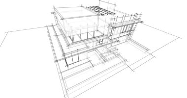 Modern geometrik mimari tasarım, 3D tasarım, gayrimenkul planı, mimari sanat, taslak çizimi.