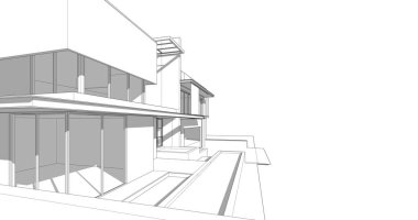Modern geometrik mimari tasarım, 3D tasarım, gayrimenkul planı, mimari sanat, taslak çizimi.