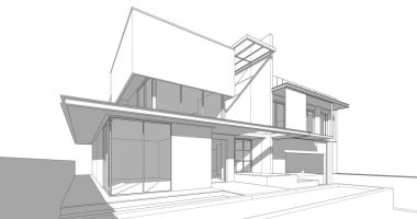 Modern geometrik mimari tasarım, 3D tasarım, gayrimenkul planı, mimari sanat, taslak çizimi.