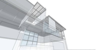 Modern geometrik mimari tasarım, 3D tasarım, gayrimenkul planı, mimari sanat, taslak çizimi.