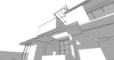 Modern geometrik mimari tasarım, 3D tasarım, gayrimenkul planı, mimari sanat, taslak çizimi.