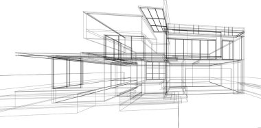 Modern geometrik mimari tasarım, 3D tasarım, gayrimenkul planı, mimari sanat, taslak çizimi.