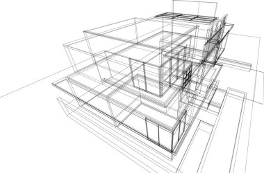 Modern geometrik mimari tasarım, 3D tasarım, gayrimenkul planı, mimari sanat, taslak çizimi.